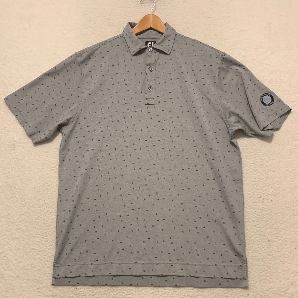 FootJoy Golf Polo Shirt Mens L World Woods Golf Club Floral Micro Print Gray